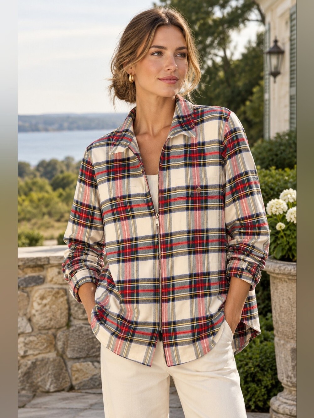 Chaps Womens XL Plaid Zip-Up Jacket Plaid Light Cozy Preppy Classic Heritage Lux